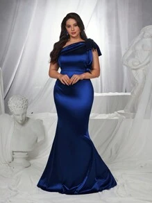 Glamrae Vestido de noche formal elegante de satén con cuello asimétrico y detalle de lazo en talla grande, vestido de graduación de color azul marino (altamente decorado) para invitados de boda, graduación, fiesta de cena - Azul Marino - Ver 6