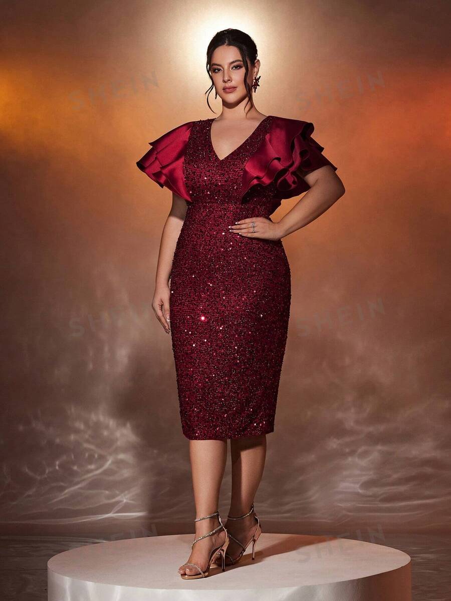 SHEIN Belle Plus Size Elegant Classic Wine Red KneeLength Sequin