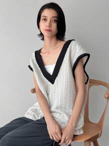 FRIFUL Áo khoác vest phối màu thông thường cho nữ mùa xuân và mùa thu - Đen và trắng - Xem 2