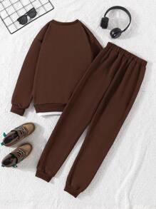 男童青少年基本款圆领印花运动衫和抽绳下摆运动裤 2 件套服装，秋冬