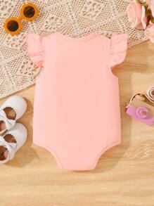 SHEIN Vintaside Kids Baby Girls' Lovely Letter & Heart Printed Comfortable Casual Ruffle Playsuit With Ruffle Hem, Summer