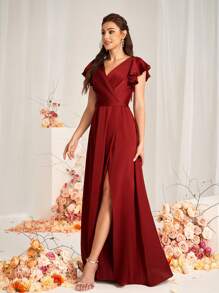 SHEIN Belle Vải satin đỏ tía thanh lịch và lãng mạn Cổ áo hình trái tim Xếp chồng Nếp gấp Trang trí thắt lưng Tay áo xếp nếp Xếp chồng Khe xẻ Viền chữ A Thích hợp cho các dịp cưới Váy phù dâu trang trọng - Màu Đỏ Sâu - Xem 5