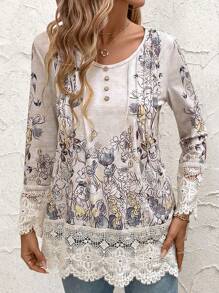 EMERY ROSE Women's Spring/Summer Floral Printed Contrast Lace Round Neck Long Sleeve T-Shirt - Multicolor - View 4
