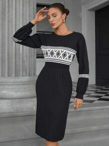 SHEIN Privé Boho Style Premium Quality Waist Cinching Colorblock Jacquard Knit Sweater Dress - Black - View 6