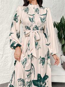 Modelyn Women's Floral Print Stand Collar Lantern Sleeve Ruffle Hem Maxi Arabic Long Modest Elegant Dress, Modest Elegant Style For Casual Daily/Travel/Holiday/Vacation/Parties - Multicolor - View 7