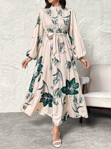 Modelyn Women's Floral Print Stand Collar Lantern Sleeve Ruffle Hem Maxi Arabic Long Modest Elegant Dress, Modest Elegant Style For Casual Daily/Travel/Holiday/Vacation/Parties - Multicolor - View 8