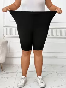 SHEIN CURVE+ Plus Size Outdoor Sports High Waist Cooling Stretchy 5-Point Shorts, Black