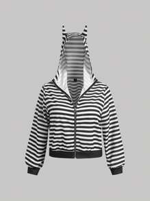 SHEIN MOD Große Größen Jacke mit Kapuze und Katzenohren, schwarz-weiß gestreift - Schwarz und Weiss - Übersicht 9