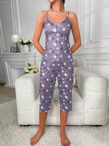 Women Floral Print Cami Top And Tie Waist Shorts Pajama Set - Purple - View 6