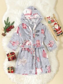 Young Boy Cute Christmas Cartoon Pattern Thick Long Sleeve Hooded Robe, Autumn/Winter - Blue - View 1