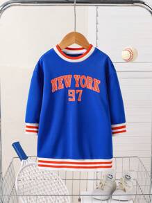 Robe à capuche rayée et décontractée pour bébé fille avec éléments anglais, tenue d'hiver chaude - Bleu azur - Voir 3