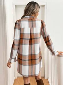 SHEIN LUNE 休闲格子荷叶边下摆长袖衬衫裙，秋冬 - 彩色 - 查看 2