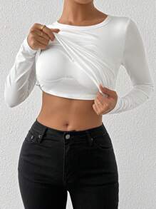 Zielony 女士圆领长袖加厚修身 T 恤，春夏季 T 恤 - 白色 - 查看 3