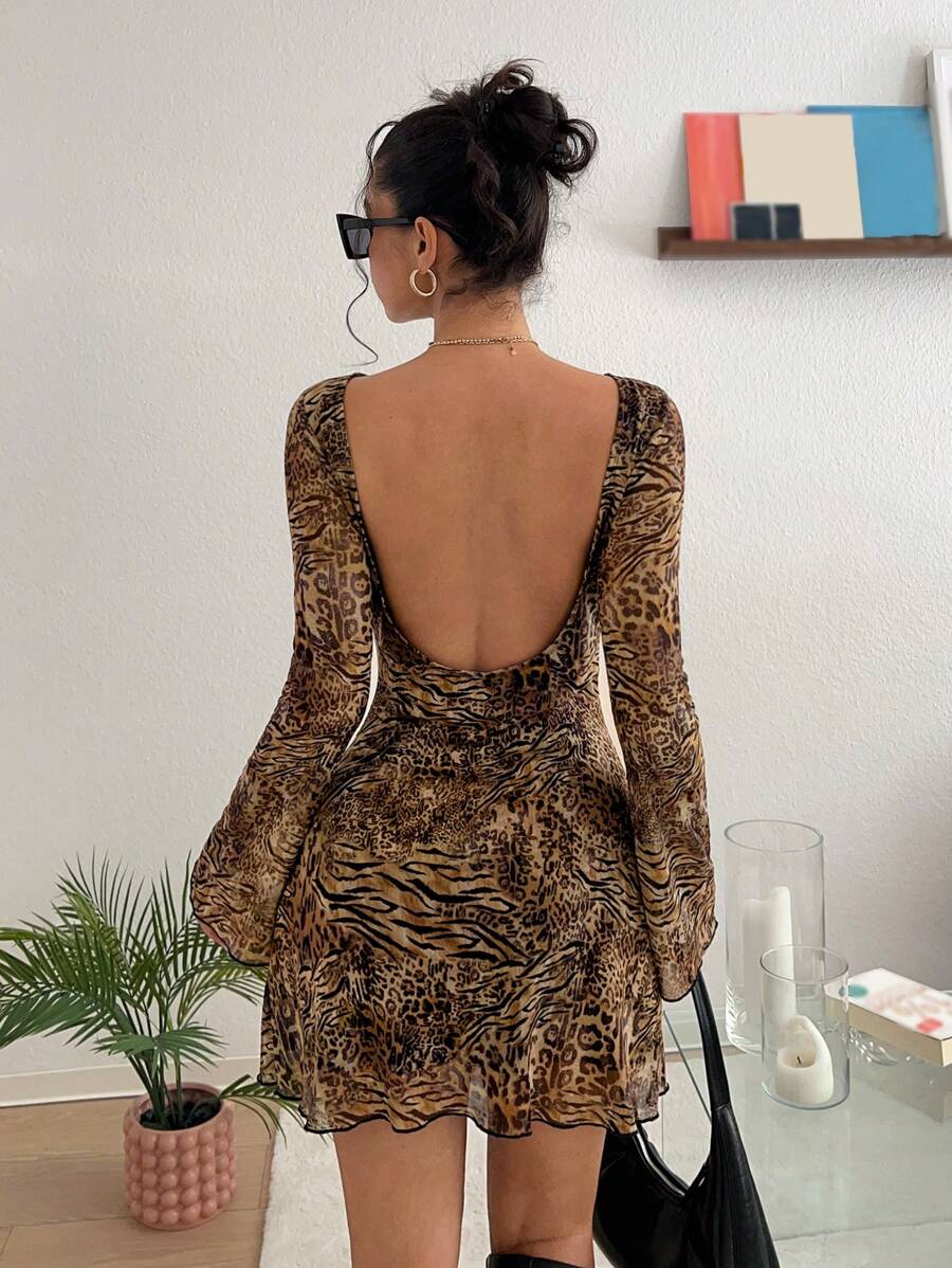 SHEIN EZwear 夏季性感豹纹露背喇叭袖网眼迷你连衣裙 - 棕色 - 查看 1
