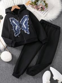 2 Stücke/Set Tween-Mädchen Set aus Kapuzen-Sweatshirt mit Schmetterlings-Patches und Jogginghose