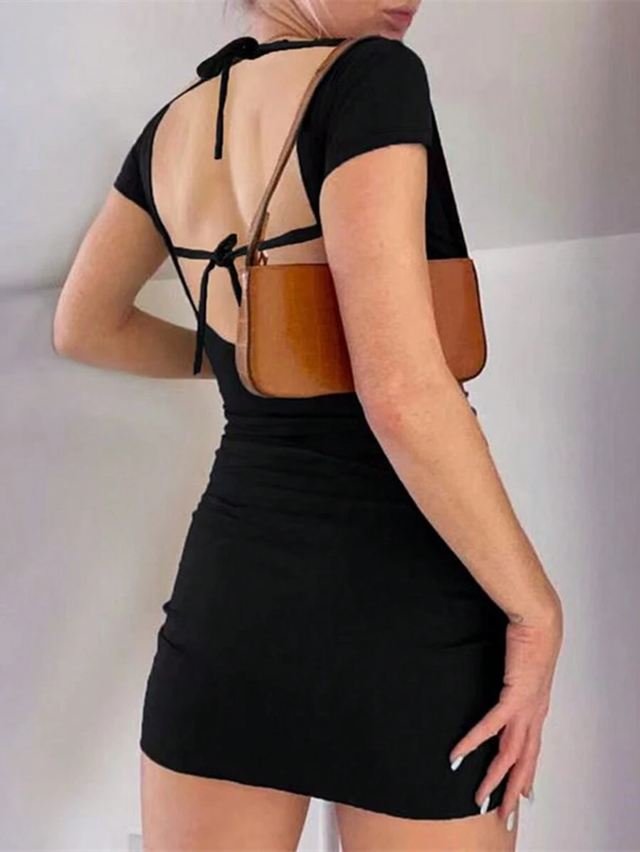 SHEIN SXY 适合日常穿着的女士纯色简约露背迷你连衣裙 - 黑色 - 查看 1