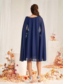SHEIN Belle Women's Elegant Navy Blue V-Neck Chiffon Dress,Spring Wedding Guest Formal Party Bridesmaid Dresses With Asymmetrical Cape Sleeves,A-Line Applique - Blue - View 4