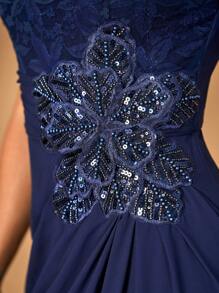 SHEIN Belle Elegant And Noble Navy Blue Sequined Lace Splicing Chiffon Fabric, Mid-Length Sleeves, Gathered, Sequined Pearl Three-Dimensional Appliques, Waist Section, Gathered, A-Line Hem, Wedding Event Occasion, Party, Formal Mother Of The Bride Dress, Evening Dress - Navy Blue - View 3