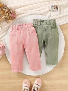 Baby Girls' Solid Woven Denim Pants Set - Multicolor - View 4