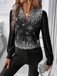 SHEIN Clasi Women Shiny Long Sleeve Blouse, Autumn Black Top - Black - View 1