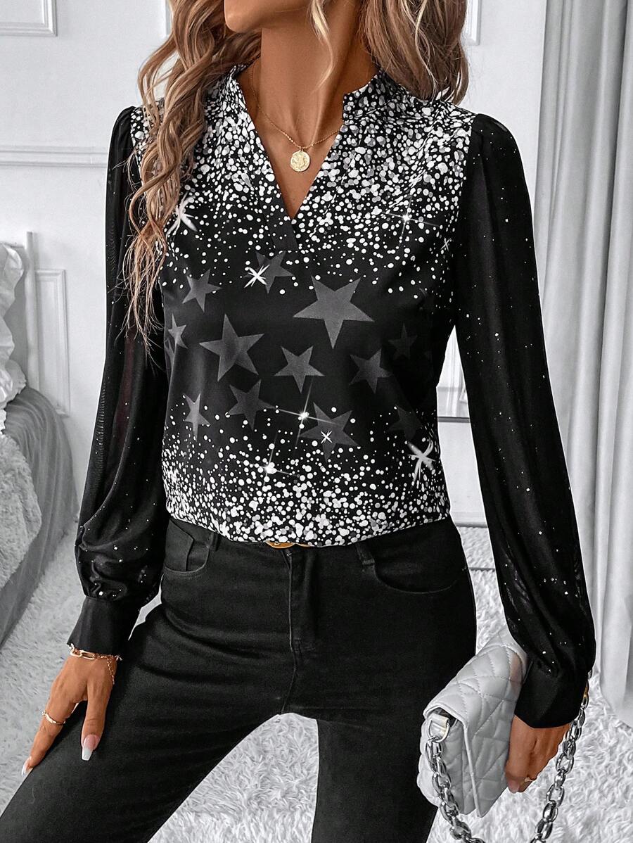 SHEIN Clasi Women Shiny Long Sleeve Blouse, Autumn Black Top - Black - View 1