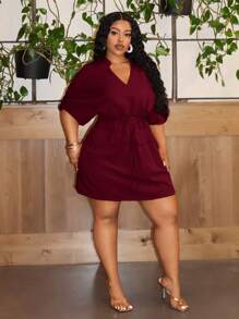 Slaydiva Plus Size Party & Elegant Commute Solid Fitted V-Neck Drawstring Waist Women's Mini Dress, Summer - Burgundy - View 4