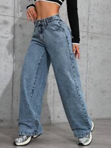 SHEIN EZwear Women Casual Button Waist Belt Pocket Straight Leg Jeans For Street Fashion - Blue - View 7