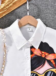 Tween Girls Urban Print Cartoon Character Long Sleeve White Blouse, Autumn - White - View 8