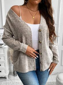 Vionelle Plus Size V-Neck Mixed Knit Cardigan, Spring & Autumn, For Winter Fall Cloth For Women
