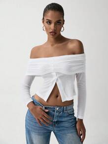 Chiquease Ladies Casual Elegant Off The Shoulder Long Sleeve Solid Color T-Shirt - White - View 5