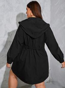 SHEIN EZwear 大碼腰部抽繩連帽外套 - 黑色 - 查看 2