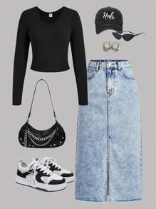 SHEIN Teen Girl Buy 1 Get 2 Free 3pcs/Set Black, White, Brown Casual Reversible Thermal Lined Warm Long Sleeve Fitted Cropped T-Shirts, Fall Top - Multicolor - View 7