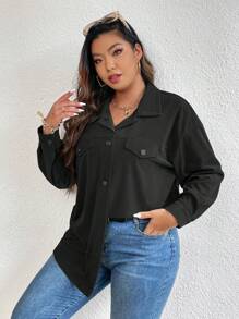 SHEIN LUNE 大码女式纯色落肩休闲长袖宽松夹克，春秋季 - 黑色 - 查看 3