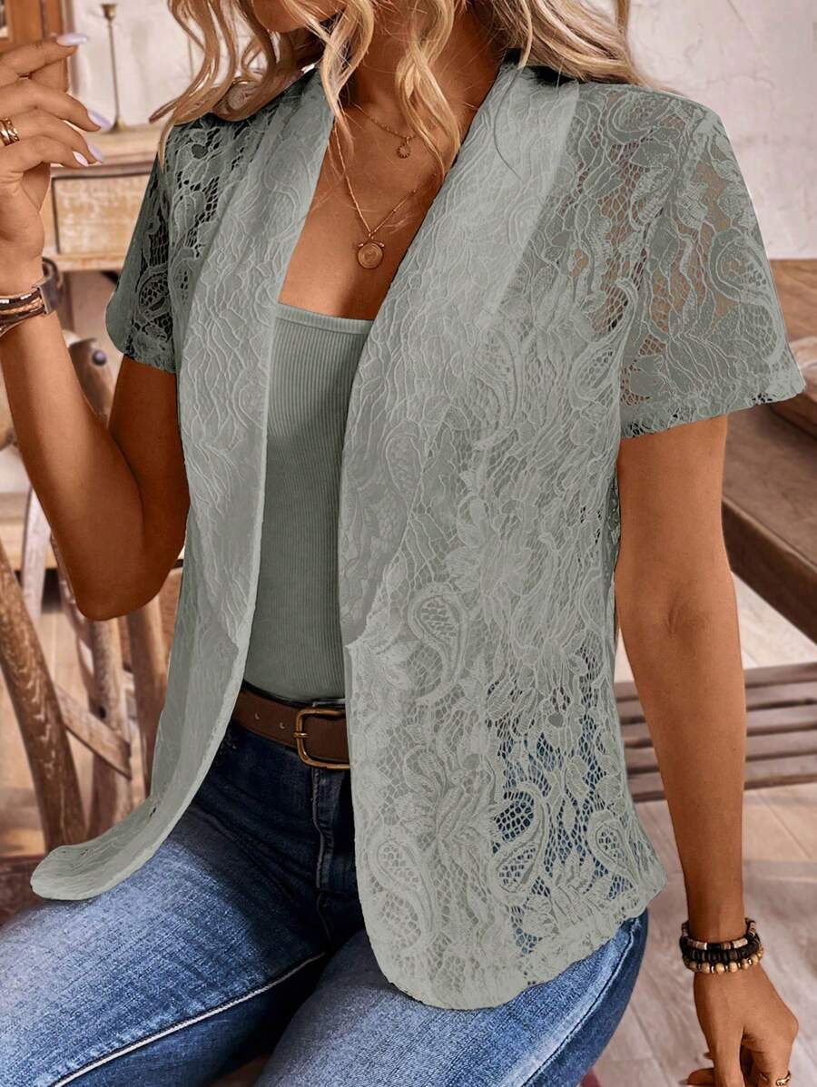 SHEIN LUNE Women's Casual Solid Color Lace Collar Short Sleeve Jacket, Spring And Summer - Grey - View 1