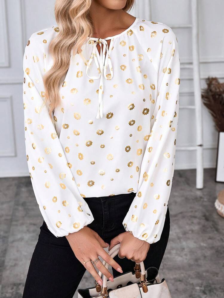 Women's Tie Front Floral Print Casual Long Sleeve Blouse