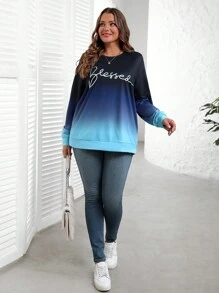 EMERY ROSE Felpa casual con scollo a girocollo e maniche lunghe con stampa di lettere in sfumatura blu per donne taglie forti, abbigliamento autunnale - Blu - Visualizzare 4