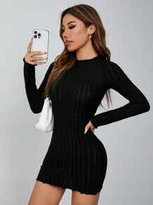 SHEIN PETITE Đầm Bodycon dài tay dệt kim dày ấm áp màu đen mùa thu đông dành cho nữ - màu đen - Xem 1