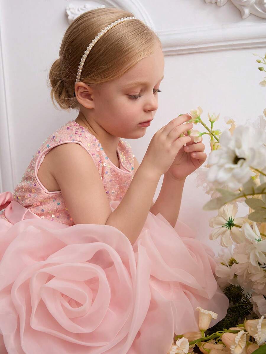 SHEIN Glamorique Kids Girls Princess Sequined Floral Midi Dress For Christmas Party, Wedding And Special Occasion
