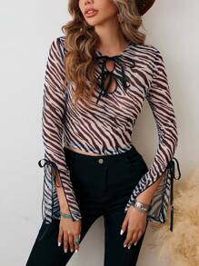 SHEIN VCAY Damen Zebra Muster Crop T-Shirt mit Bindung und Weiten Ärmeln für Frühling/Sommer