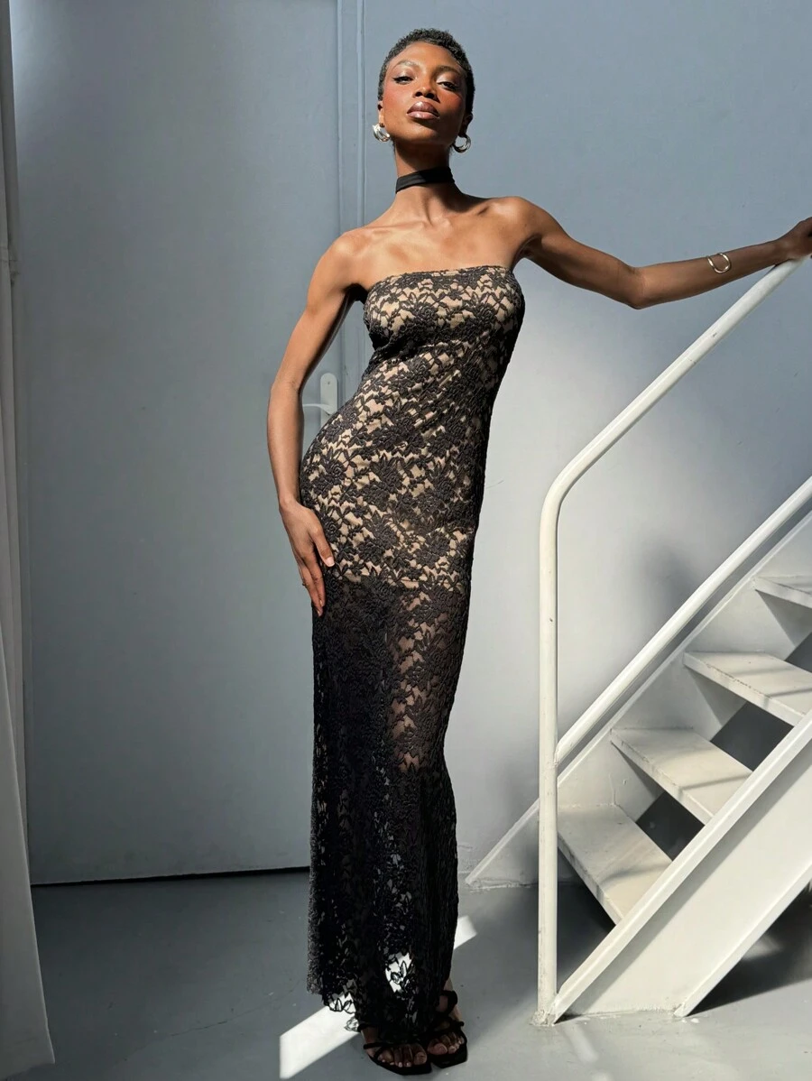 Aloruh Đầm Maxi hở vai ren đen thanh lịch lãng mạn cho kỳ nghỉ dành cho nữ - màu đen - Xem 1