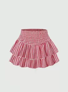 Sweetra Plaid Pattern Layered Ruffle Hem Casual Summer Skirt Y2K Outfit  For New Year Clothes - Red - View 1