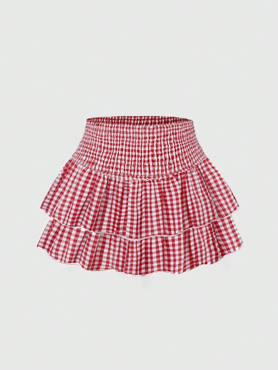 Sweetra Plaid Pattern Layered Ruffle Hem Casual Summer Skirt Y2K Outfit  For New Year Clothes - Red - View 1