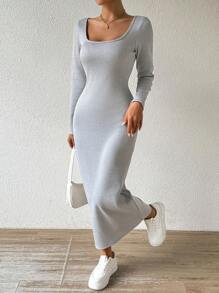 Chiquease Vestido Longo de Manga Longa Minimalista e Casual de Cor Sólida para Mulheres - Cinza - Visão 4