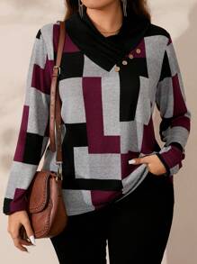 EMERY ROSE Plus Size V-Neck Long Sleeve All-Over Print Button Casual Loose Comfortable Fall T-Shirt