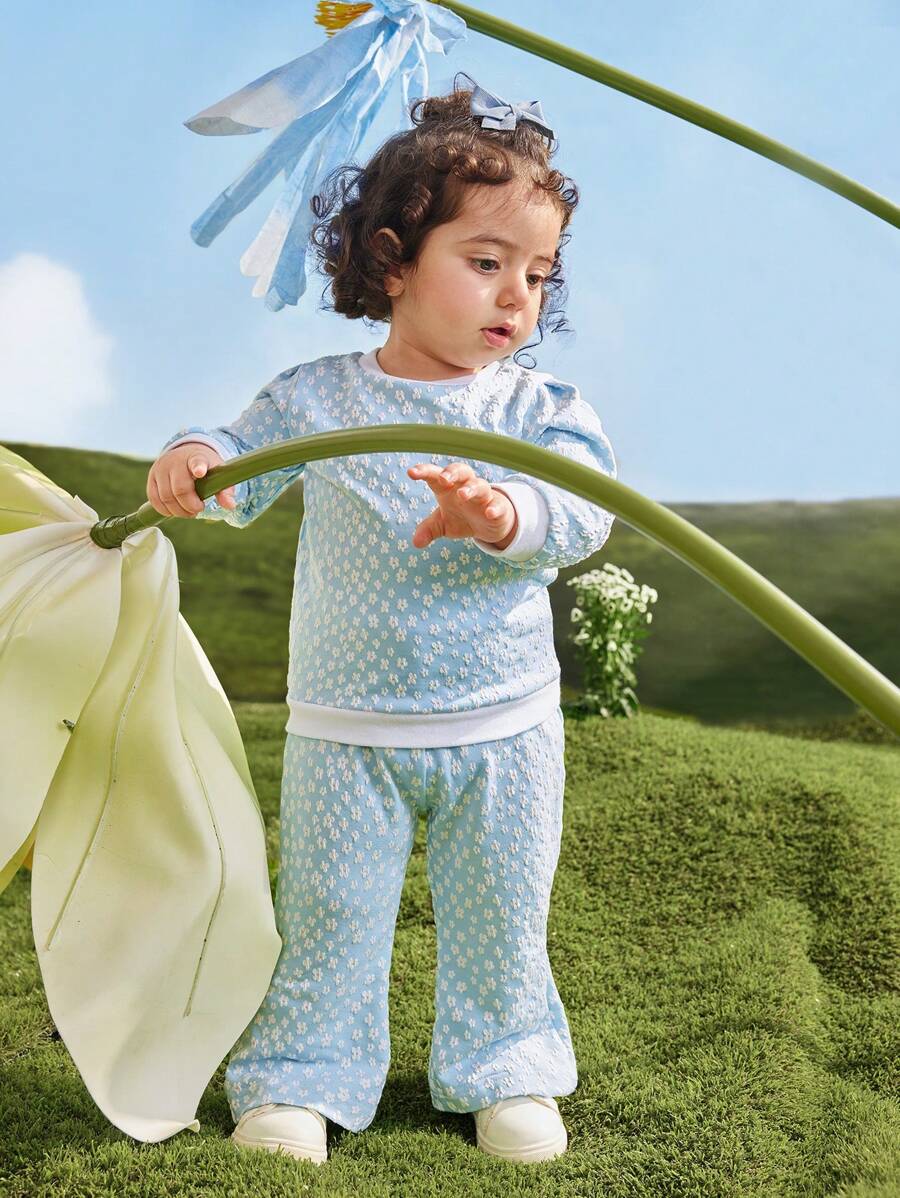 SHEIN Baby Girl Casual Jacquard Sweatshirt & Pants Set, Spring & Fall - Blue - View 1