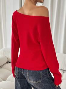 SHEIN SXY Women's Solid Asymmetrical Neckline Casual Long Sleeve Red Sweater Casual Party Elegant Home Sexy Autumn Winter Leisure Christmas Halloween New Year Asymmetrical Top - Red - View 7