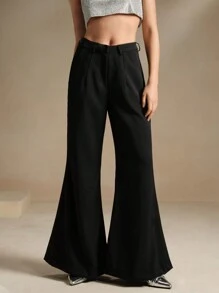 Anewsta Solid Color High Waisted Wide Leg Pants With Pockets - Black - View 3