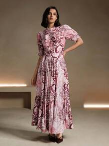 Anewsta 2pcs/Set French Retro Elegant Double Ruffle Collar Floral Print Short Sleeve Blouse And Mini Skirt