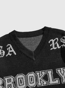 ROMWE MEN Prep 男士数码提花 V 领运动毛衣 - 黑色 - 查看 3