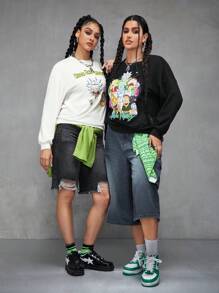 Rick and Morty X SHEIN 1 pièce Sweatshirt ample à encolure ras du cou, avec personnage de dessin animé et imprimé de lettre, avec épaules tombantes, style casual, pour femmes, printemps et automne